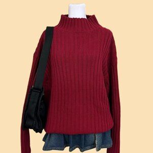 vintage 90s red ribbed chunky preppy indie skate cotton mock neck sweater